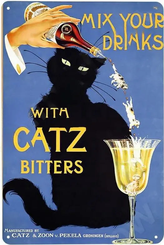 Cats and Wine Vintage Metal Sign, 8 x 12 Inch Bar Wall Decor