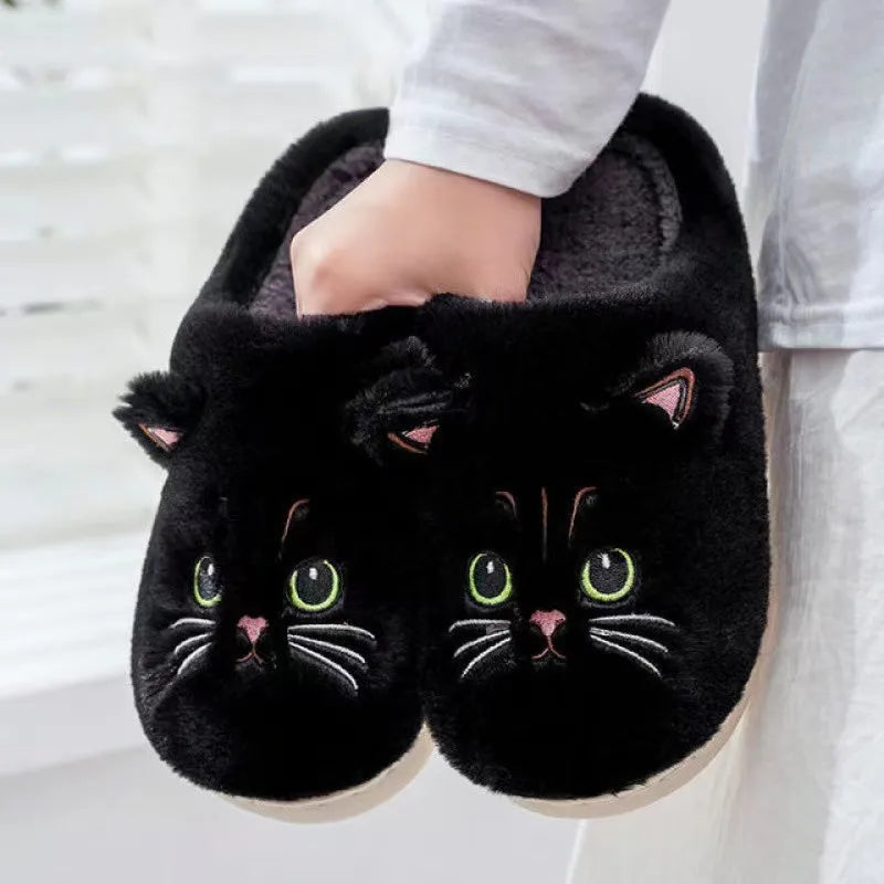 Cat Print Plush House Slippers, Warm Flannel Winter Shoes