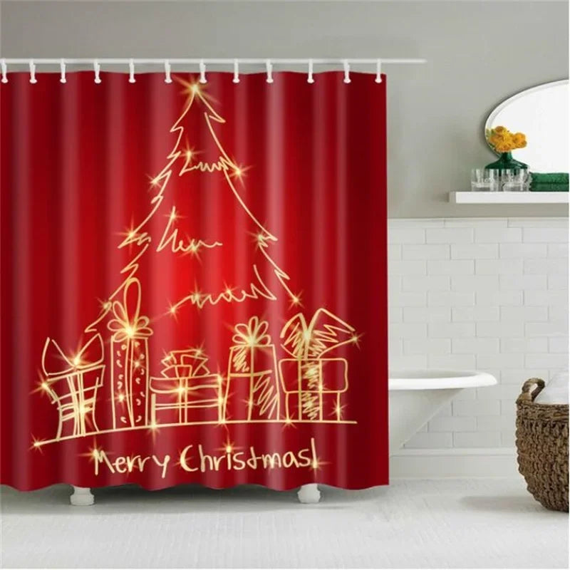 Christmas Shower Curtain with Snowman and Santa, Hooks Included