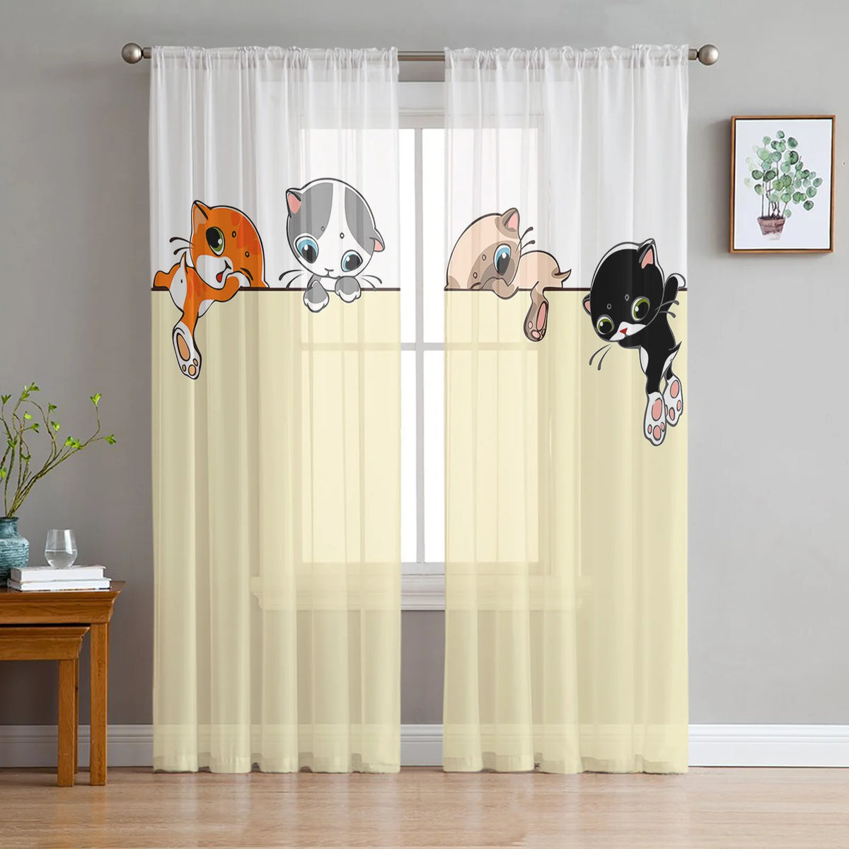 Cartoon Cat Sheer Curtains, Printed Voile Window Panels Set of 2