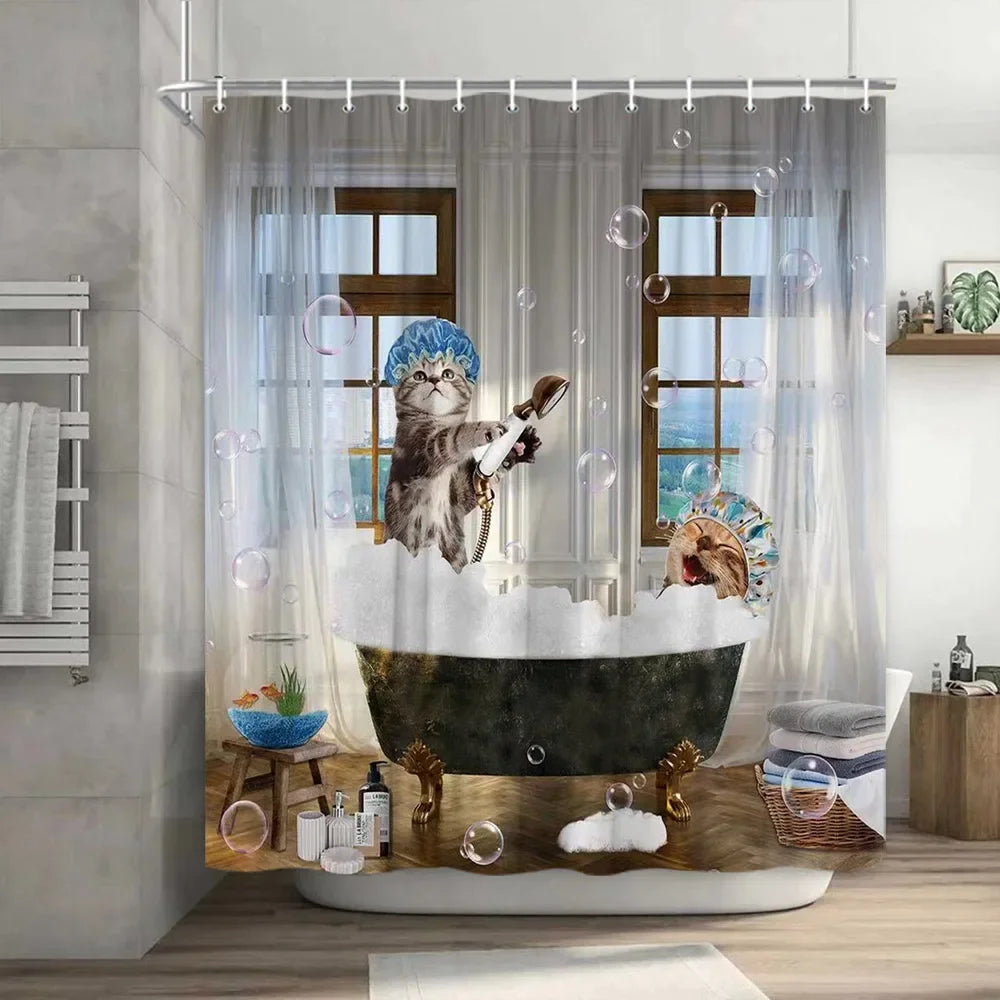 Funny Cat Riding a T-Rex Shower Curtain, Japanese Wave Decor