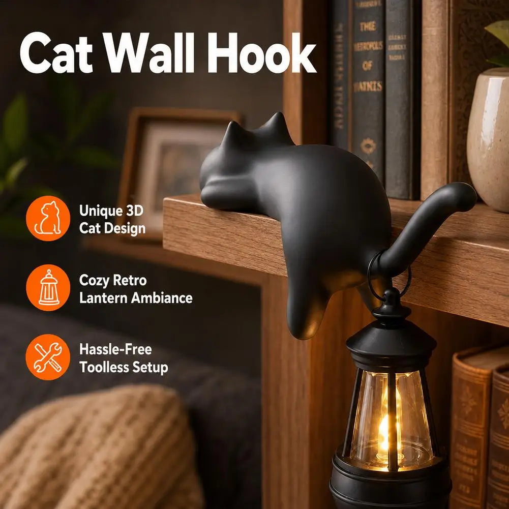 Black Cat Shelf Sitter With Lantern Light, Lounging Cat Night Lamp Decor