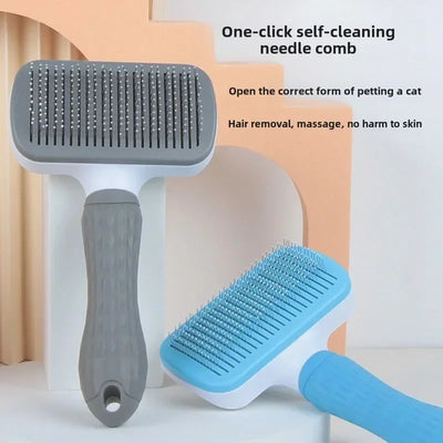 Self-Cleaning Oval Cat Brush, One-Button Fur Release, Pink, Blue or Gray