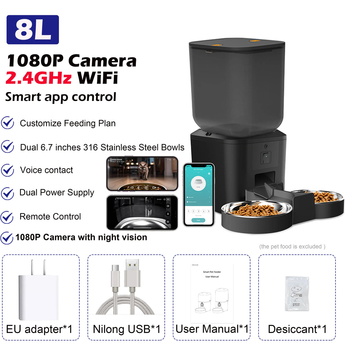 8L Automatic Cat Feeder With 1080p Camera, Wi-Fi App Control and Night Vision