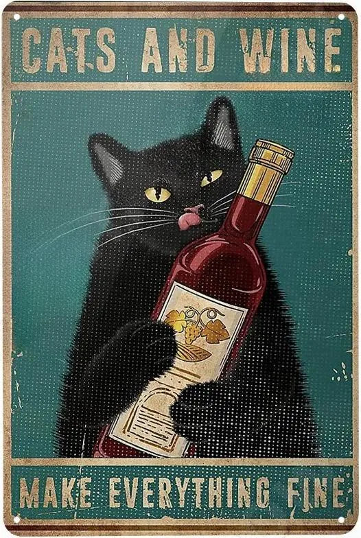 Cats and Wine Vintage Metal Sign, 8 x 12 Inch Bar Wall Decor