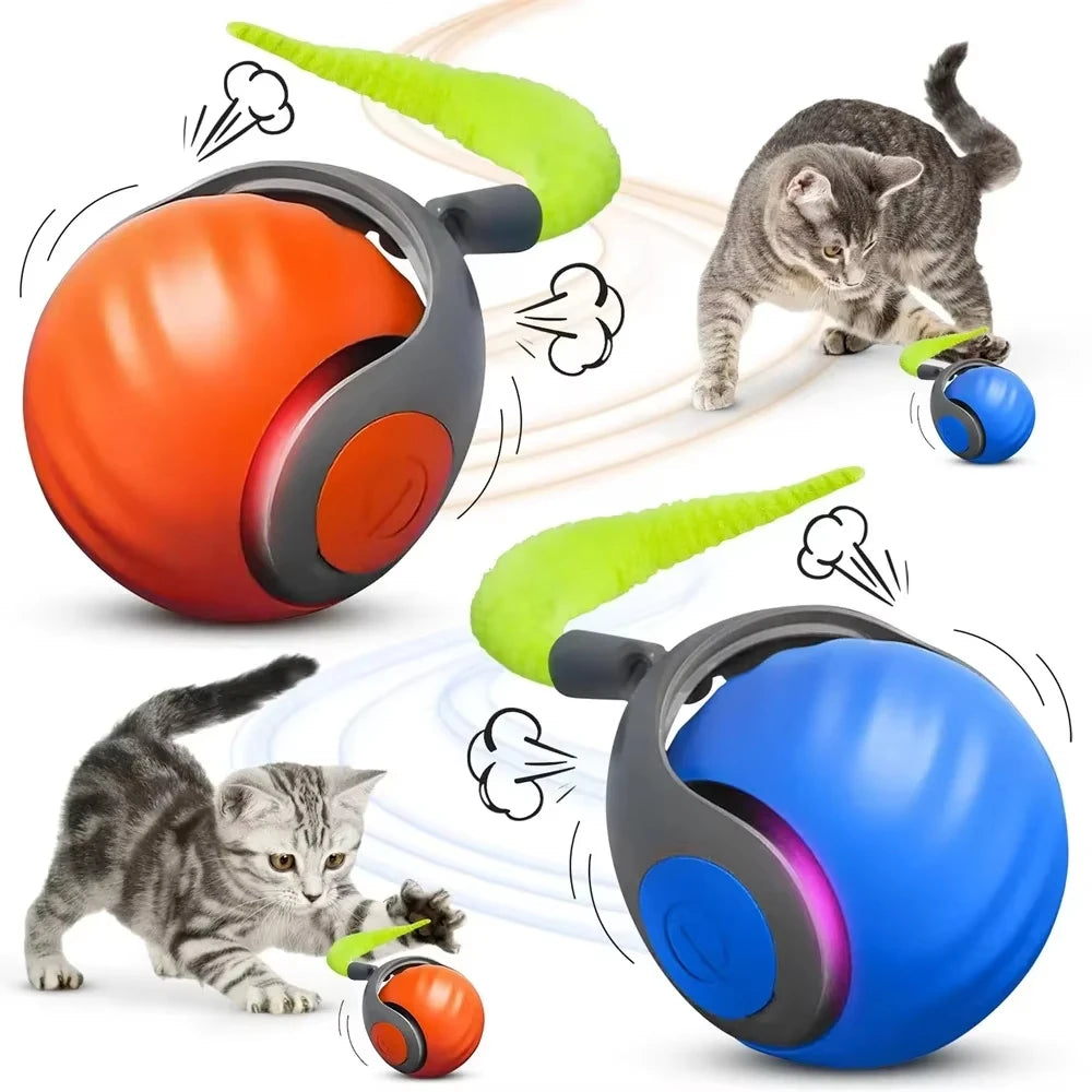 Automatic Rolling Cat Ball With Fuzzy Tail, USB Rechargeable, Blue or Orange