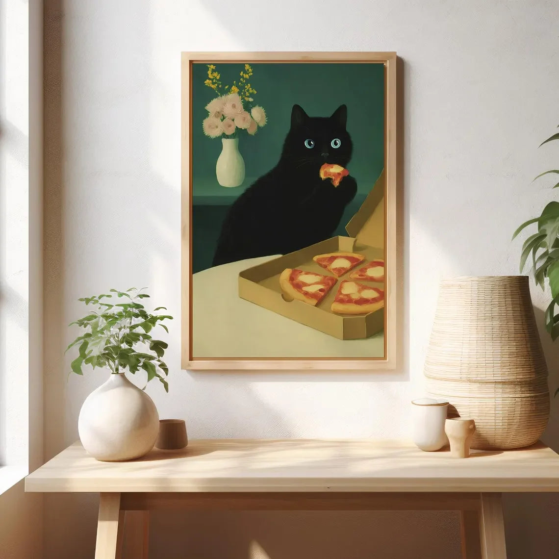 Funny Black Cat Kitchen Wall Art, Whimsical Food Lover Print
