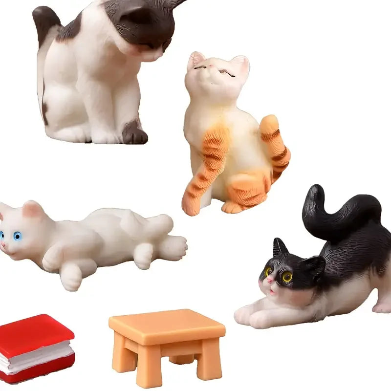 6-Piece Miniature Cat Figurine Set with Stool and Book, Resin