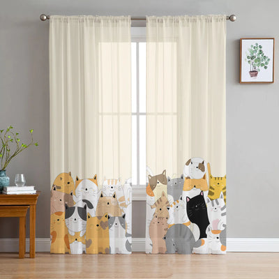 Cartoon Cat Sheer Curtains, Printed Voile Window Panels Set of 2