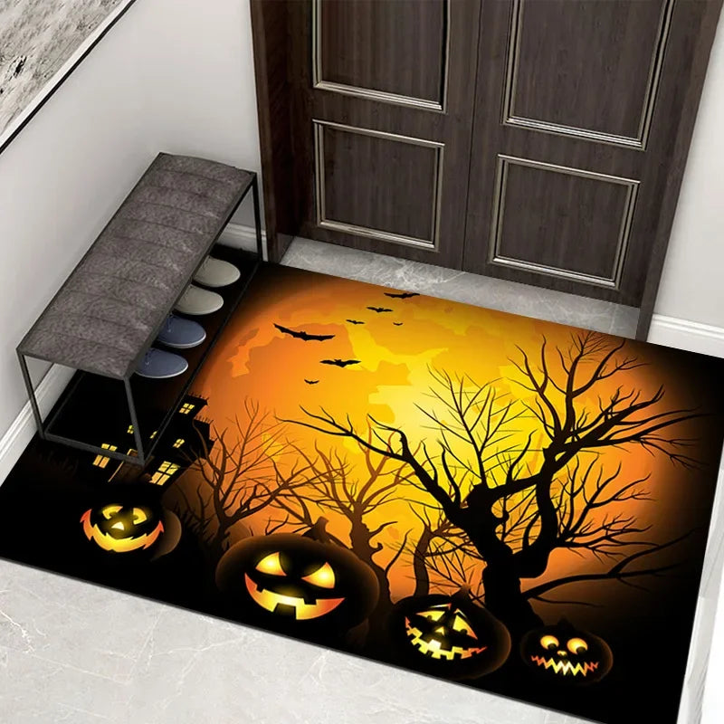 Halloween 3D Illusion Floor Mat, Skull and Pumpkin Entry Rug