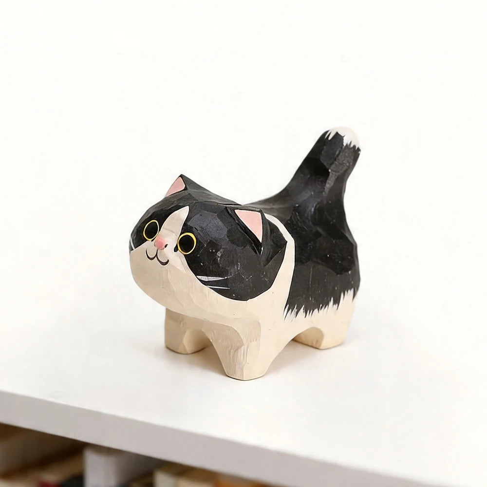 Hand-Carved Wooden Cat Figurine, 8 Breeds in Painted Basswood