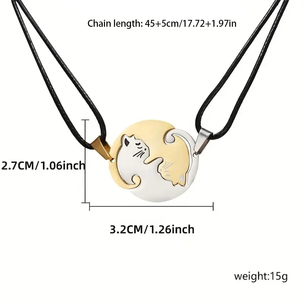 Matching Cat Couple Necklaces, 2-Piece Interlocking Gold and Silver-Tone Pendants