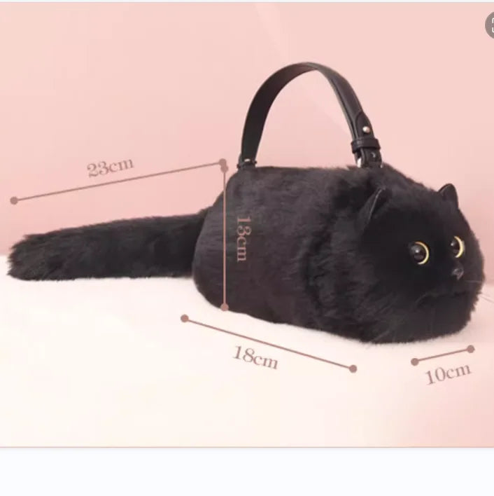 Fluffy Black Cat Handbag with Golden Eyes and Plush Tail