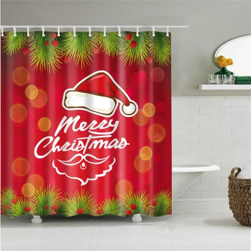 Christmas Shower Curtain with Snowman and Santa, Hooks Included