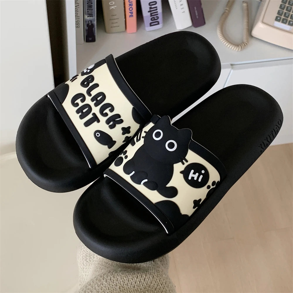 Black Cat Shower Slides for Women, Thick Cushioned EVA Sole