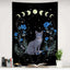Black Cat Moon Phase Tapestry with Blue Roses, Vertical