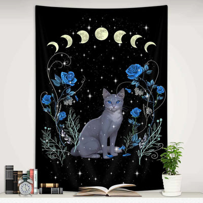 Black Cat Moon Phase Tapestry with Blue Roses, Vertical