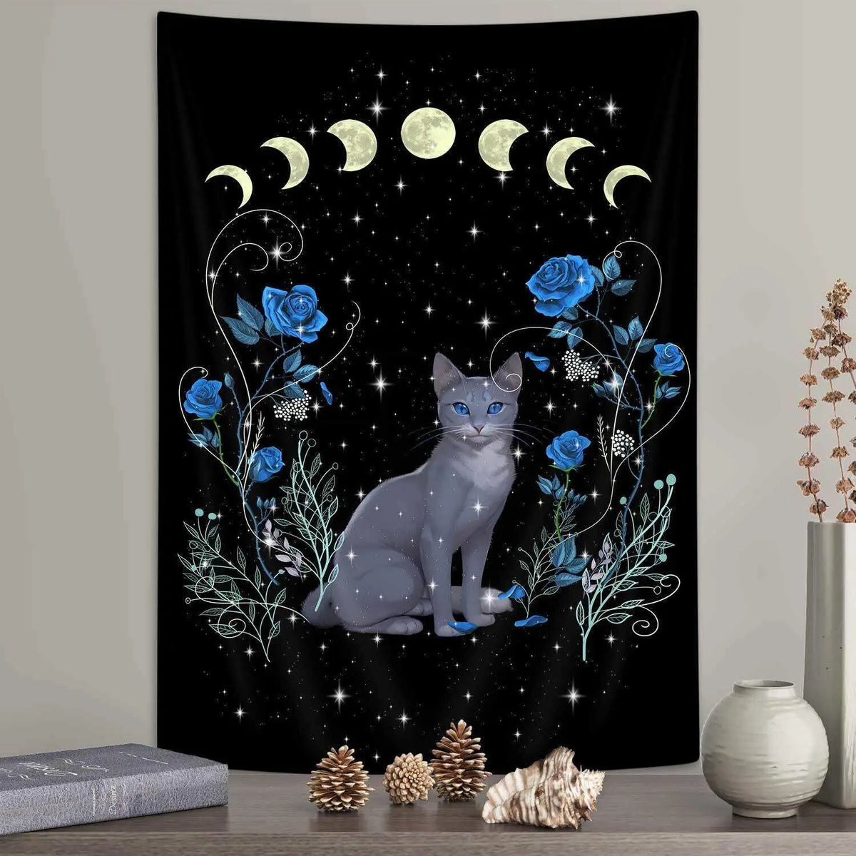 Black Cat Moon Phase Tapestry with Blue Roses, Vertical