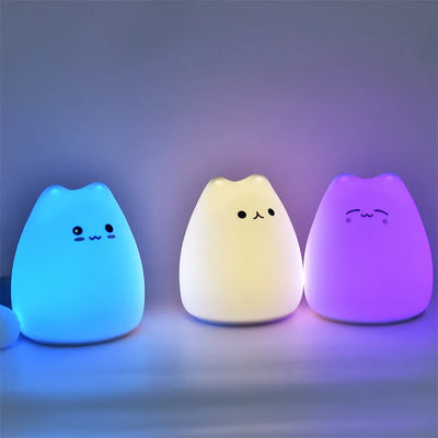 Silicone Cat Night Light, Tap-to-Change 7-Color and Warm White Lamp