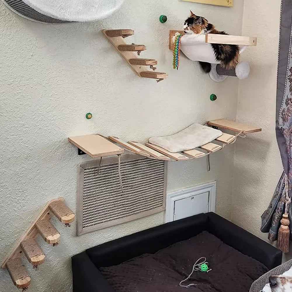 Wall-Mounted Cat Shelves and Climbing Set, Solid Wood Pieces to Mix and Match