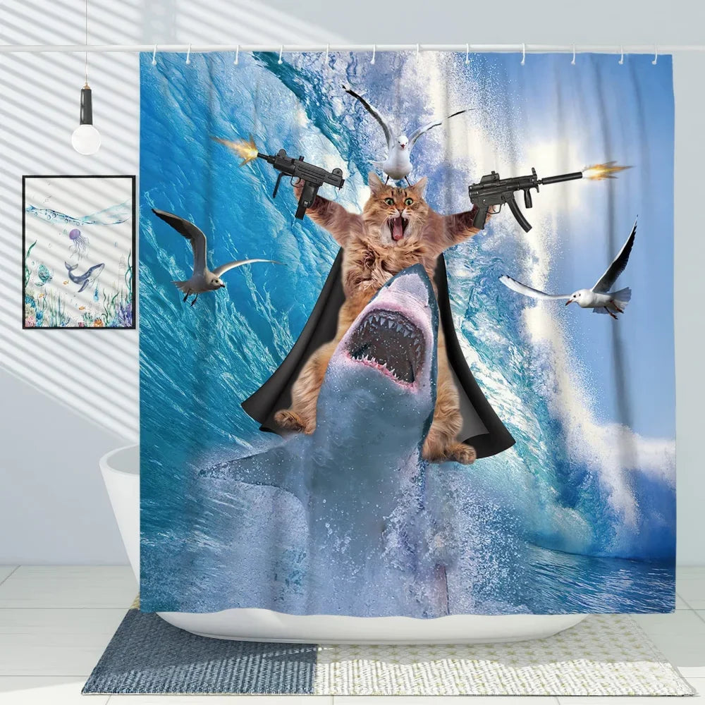 Funny Cat Riding a Shark Shower Curtain, Ocean Wave Bath Decor