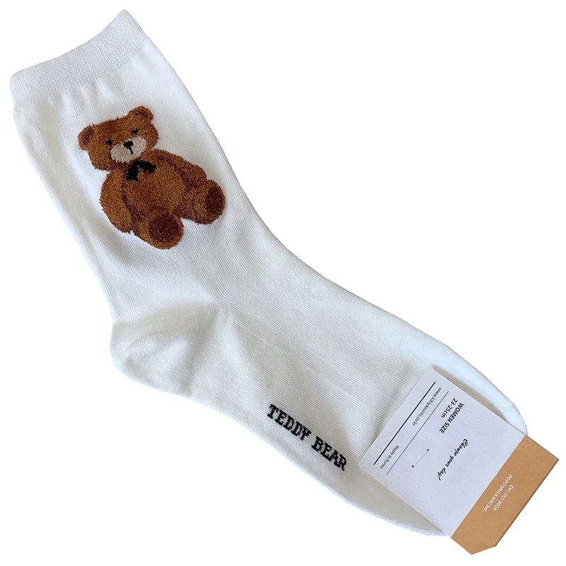 Cute Cartoon Bear Socks for Women, Cotton Blend Ankle Socks