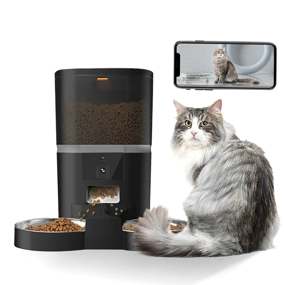 Automatic Cat Feeder With HD Camera and Two Stainless Steel Bowls, 4 L Capacity
