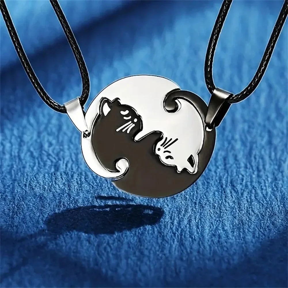 Matching Cat Couple Necklaces, 2-Piece Interlocking Gold and Silver-Tone Pendants