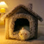 Shaggy Roof Cat House Bed with Fluffy Faux Fur Trim