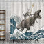 Funny Cat Riding a T-Rex Shower Curtain, Japanese Wave Decor