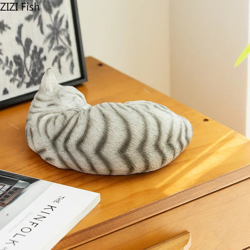 Lifelike Sleeping Cat Statue, Silver Tabby Resin Figurine 8 Inch