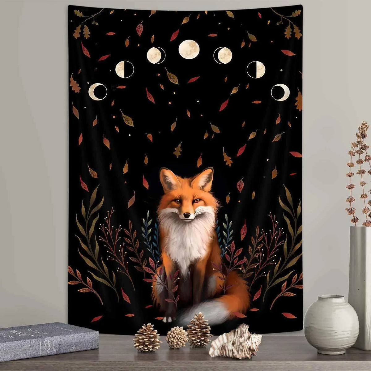 Black Cat Moon Phase Tapestry with Blue Roses, Vertical