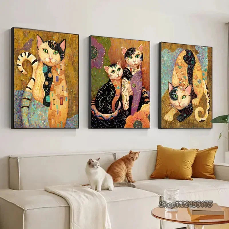 Gustav Klimt Style Cat Canvas Print, Decorative Cat Wall Art