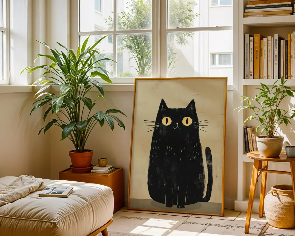 Black Cat Poster on Bold Orange, Funny Minimalist Cat Art Print