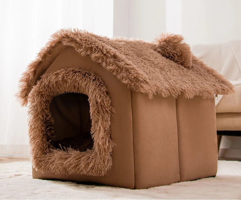 Shaggy Roof Cat House Bed with Fluffy Faux Fur Trim