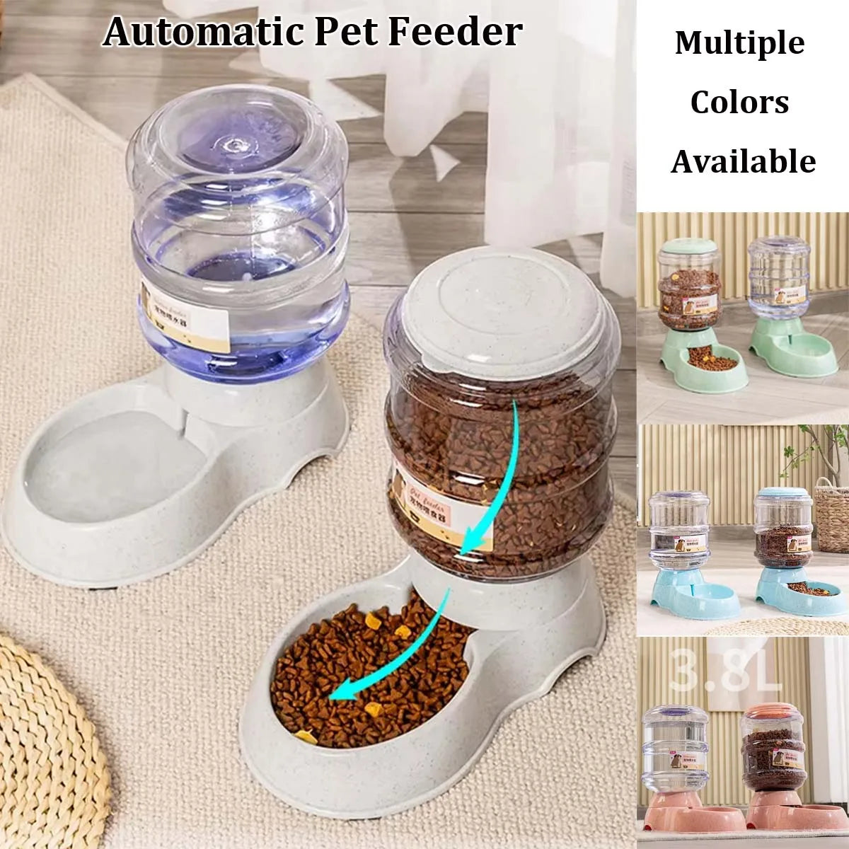 Large 3.8 L Gravity Cat Water Dispenser and Food Feeder, Speckled Base