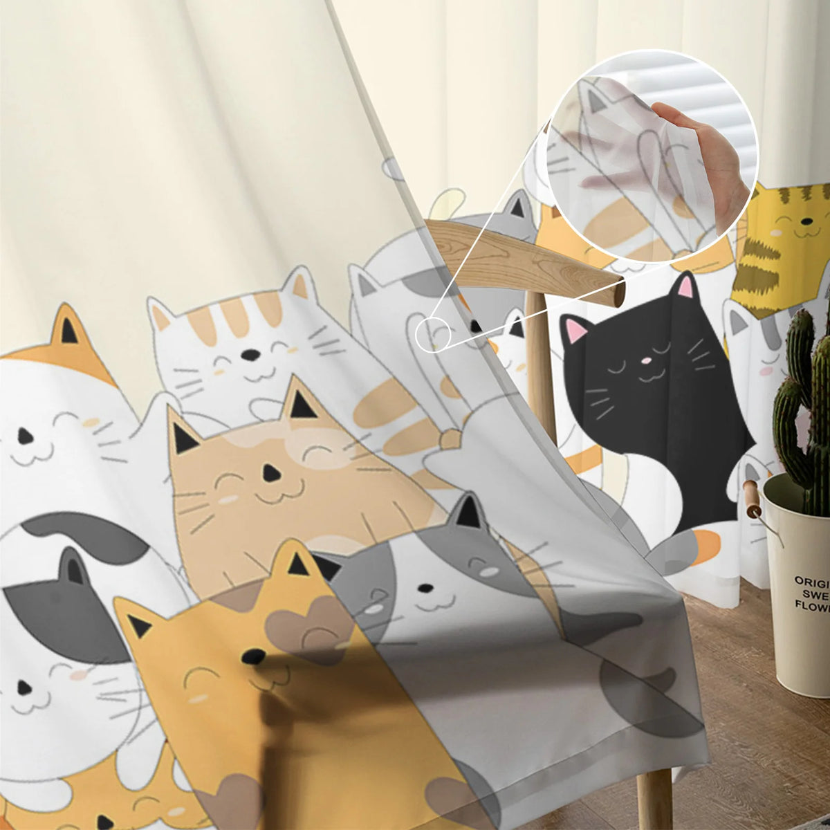 Cartoon Cat Sheer Curtains, Printed Voile Window Panels Set of 2