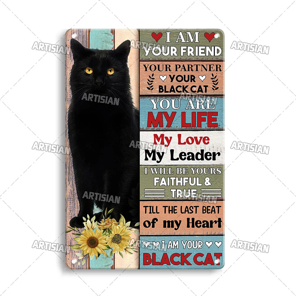 Black Cat Vintage Tin Plate, Horizontal Retro Wall Sign Gift