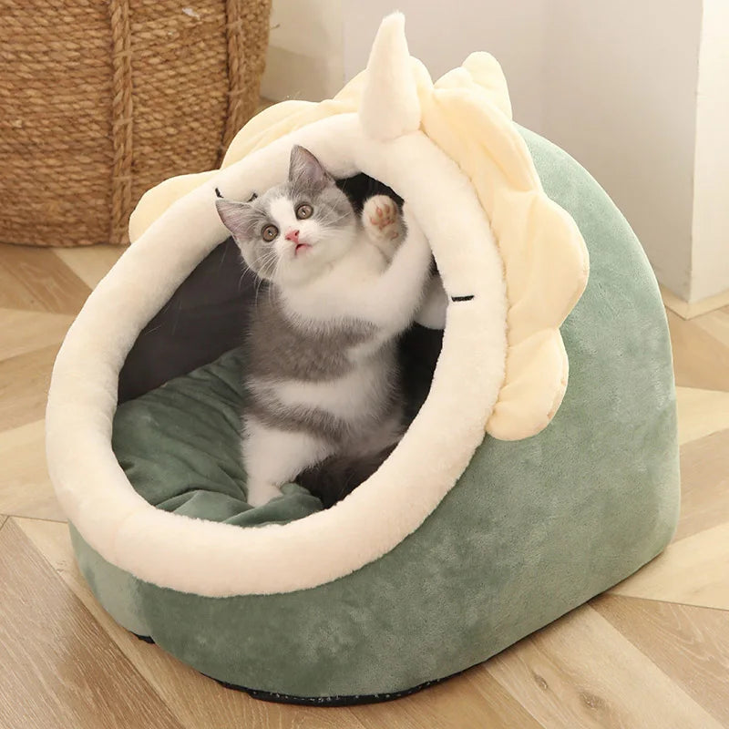 Cat Tent Cave Bed with Reversible Cushion and Pom-Pom