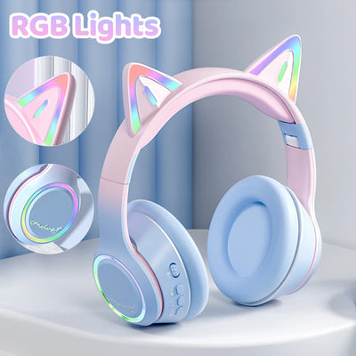 QearFun Cat Wallet Bluetooth Headphones – Cute Cat Ear Wireless Headset with Colorful LED Lights, Mic & Foldable Design