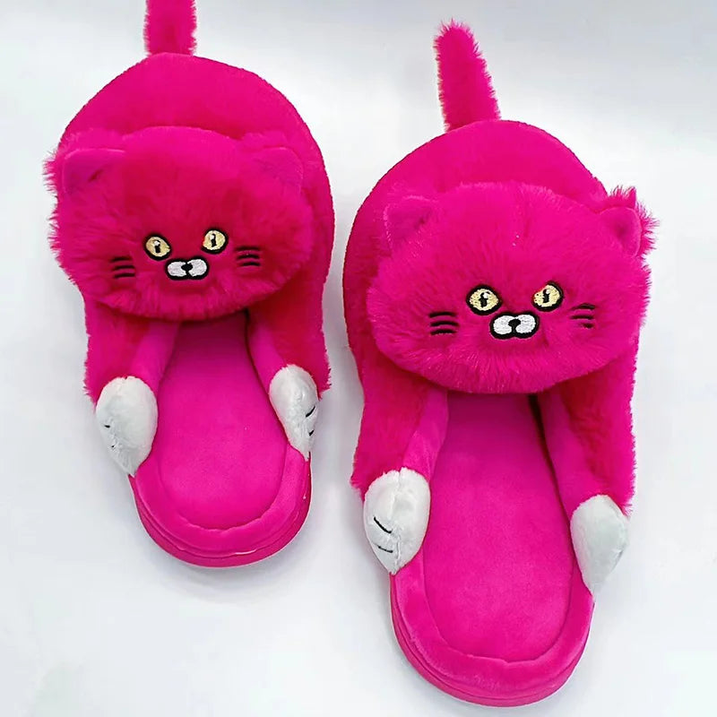 Hug Cat Slippers for Women, Cute Plush Winter House Shoes