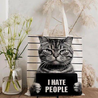Bad Kitty Mugshot Tote Bag, Funny Gray Cat Canvas Shopping Bag
