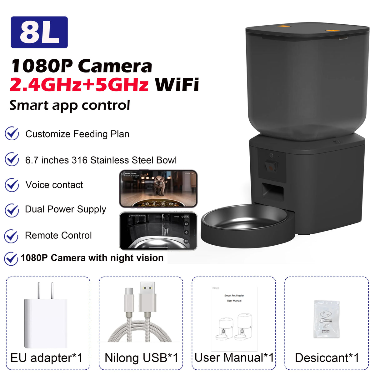8L Automatic Cat Feeder With 1080p Camera, Wi-Fi App Control and Night Vision