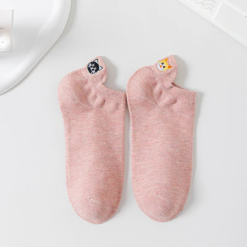 Embroidered Cat Ankle Socks for Women, Cute Mismatched AB Design