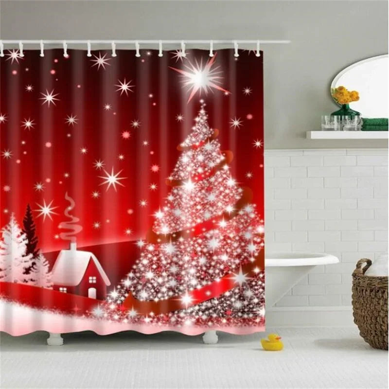 Christmas Shower Curtain with Snowman and Santa, Hooks Included