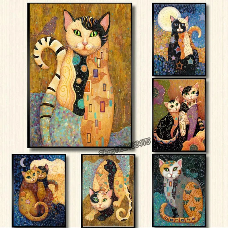 Gustav Klimt Style Cat Canvas Print, Decorative Cat Wall Art