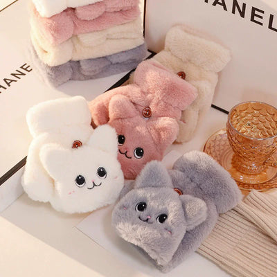 Flip-Top Cat Mittens for Women, Convertible Fingerless Plush Gloves