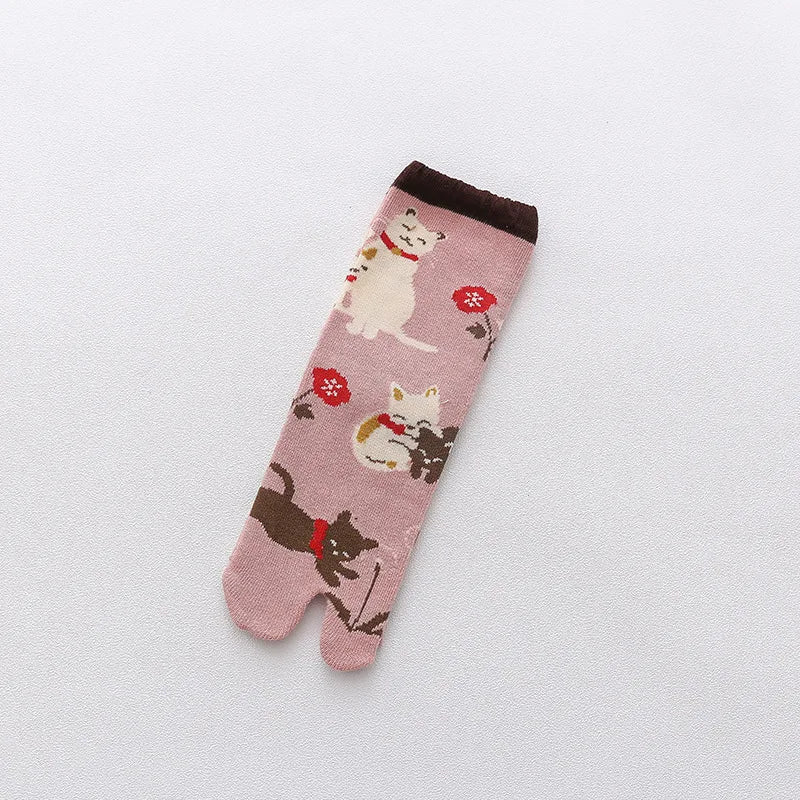 Cute Cat Tabi Socks 5 Pack, Two-Toe Socks for Flip-Flops