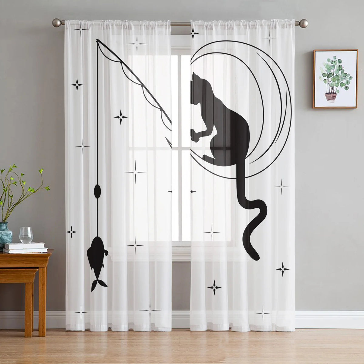 Cartoon Cat Sheer Curtains, Printed Voile Window Panels Set of 2