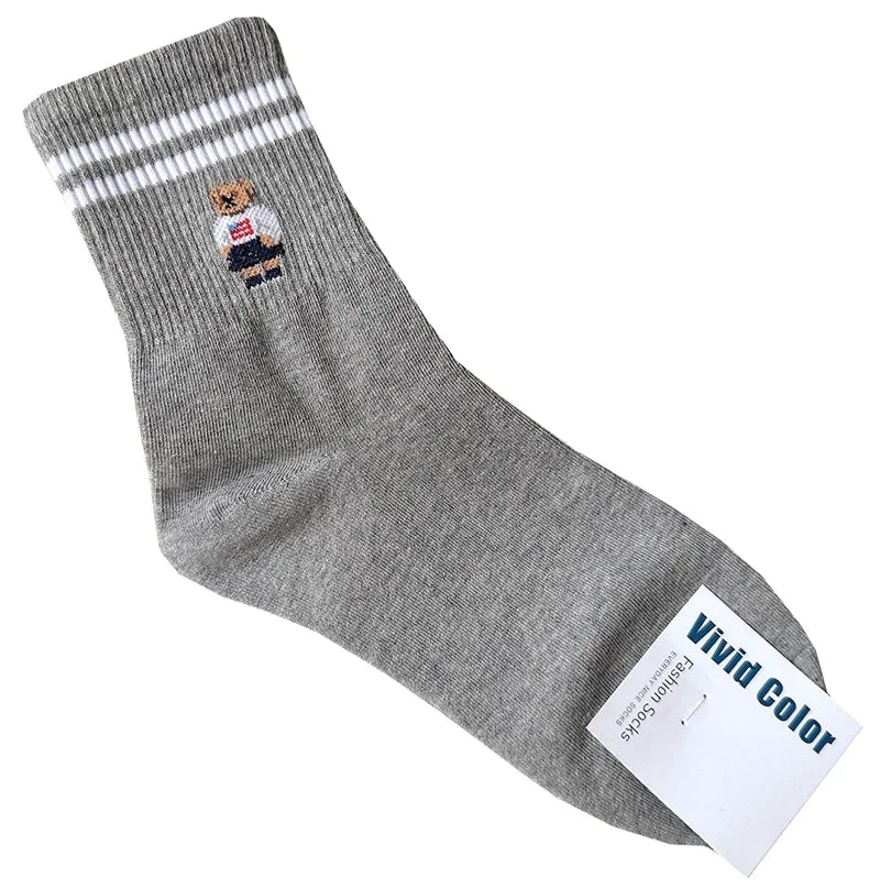 Cute Cartoon Bear Socks for Women, Cotton Blend Ankle Socks